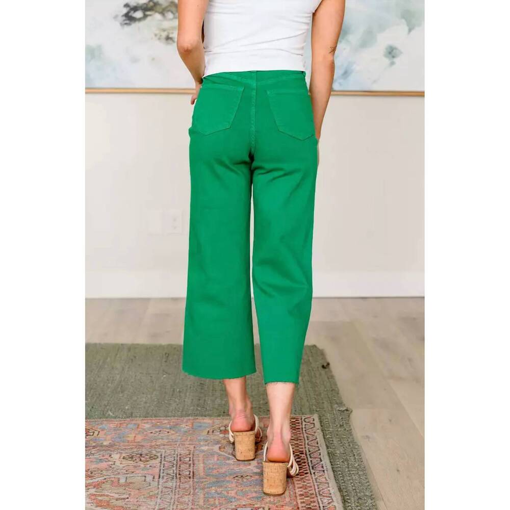 NEW JUDY BLUE high rise control top wide leg crop jeans in kelly green - Picture 4 of 4